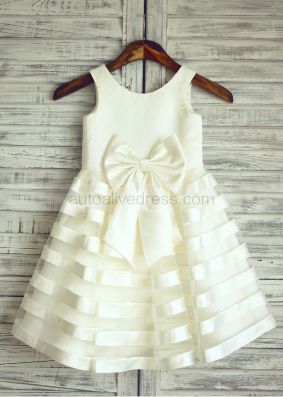 Ivory Satin Striped Organza Cute Flower Girl Dress 